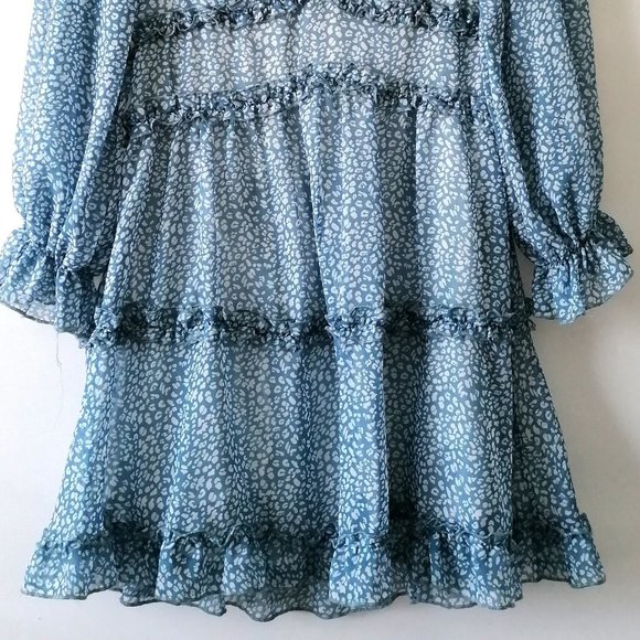 Unbranded Blue Balloon Sleeve Deep V Neck Ruffled Animal Print Mini Dress Size L - Picture 4 of 6